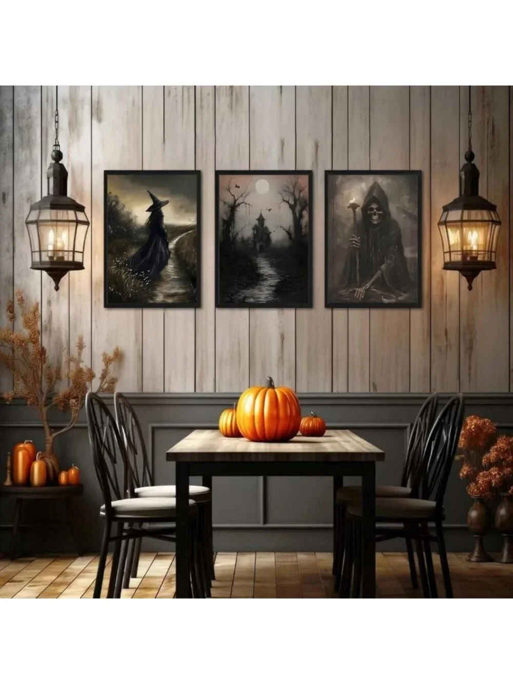 Set of 3 Dark Academia Wall Art - Vintage Gothic Skull & Haunted House Decor